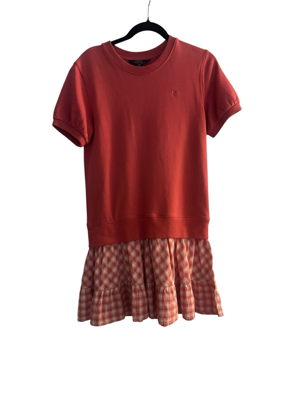 Polo Ralph Lauren Girls Short Sleeve Coral Sweatshirt Dress w Gingham Skirt -Xl